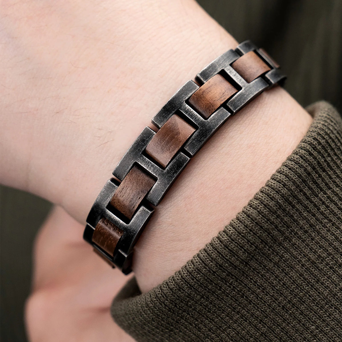 REBEL Distressed Craftsmanship Vintage Jewelry Personalized Custom logo Stainless Steel Walnut Wood Bracelet