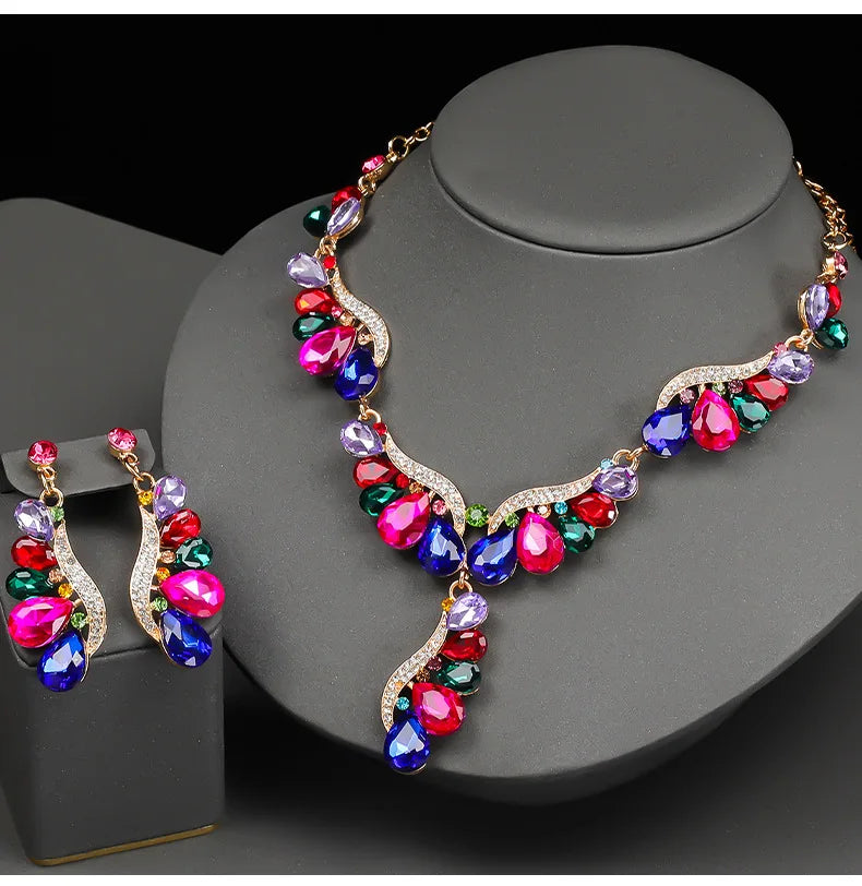 Luxury Multi Color Crystal Drop-Shaped Gemstone Necklace Earrings Jewelry Set for Women