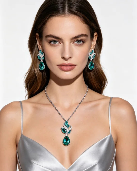 Chic Korean Style Bright Blue Waterdrop CZ Cubic Zircon Crystal Leaf Pendant Necklace Earrings Ladies Jewelry Set Gift Silver