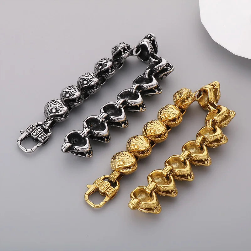 KALEN 220mm Men Punk Gold/Silver Color Stainless Steel Snake Head Links Bracelet