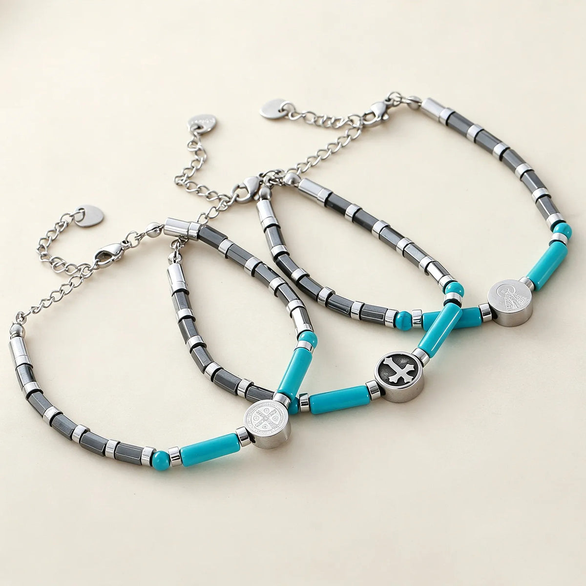 XOTICA Handmade Stainless Steel Chain Hematite Spacer Natural Stone Turquoise Beaded Cross Bracelet Fashion Jewelry Gifts for Men