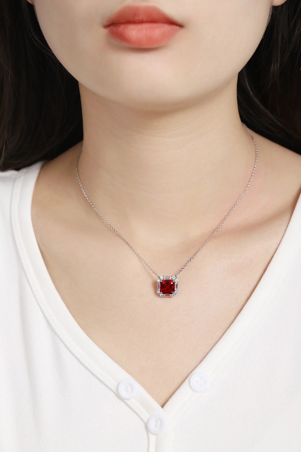 Gemfiori Bridal Jewelry 3PCS/Set Rhodium Plated Sterling 925 Silver Ring Necklace Earrings for Wedding Lab Grown Ruby Anniversary Sets