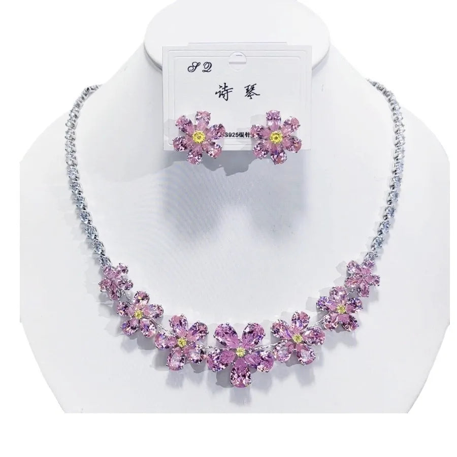 K084 Wholesale Women Trendy Luxury Flower Zircon Bridal Necklace Earrings Set Wedding Elegant Jewelry Set