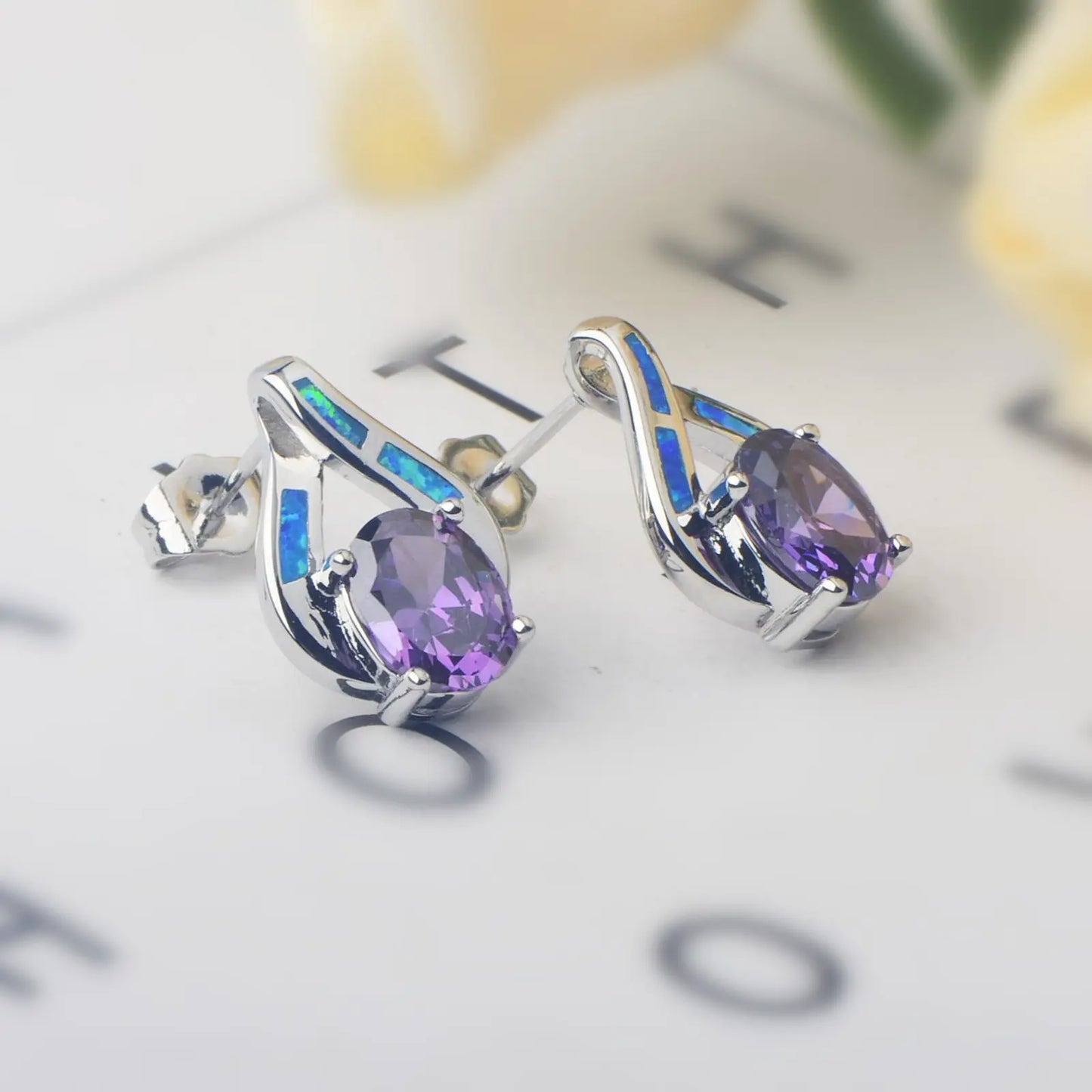 Aobao TikTok Viral Blue Opal Water Drop Earrings | Purple Crystal Accent Silver Plated Women's Engagement Jewelry-Trendy Bulk