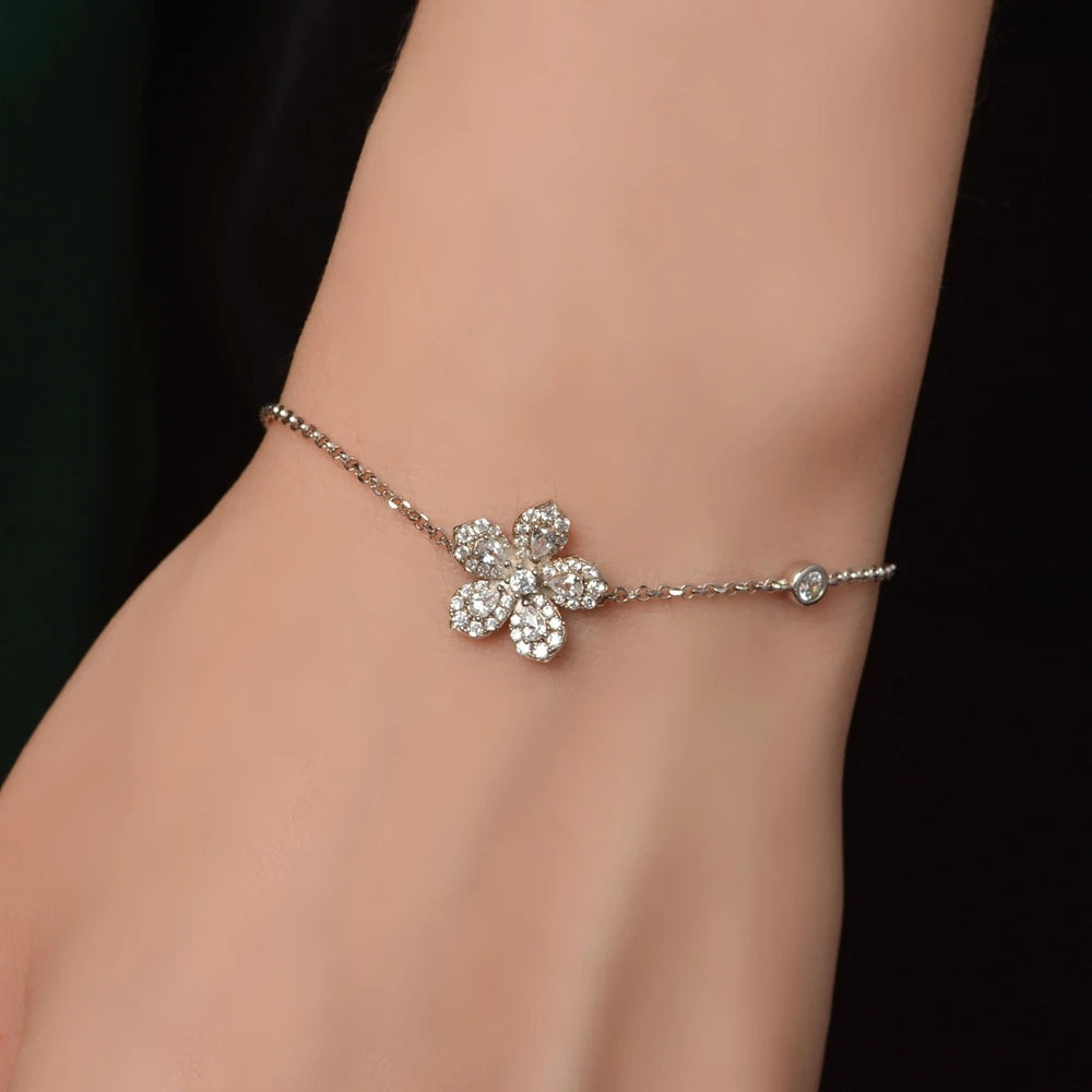 SILVERELLI 925 Silver Luxury Flower & Water Drop Zircon Strand Bracelet | Women's | 19cm