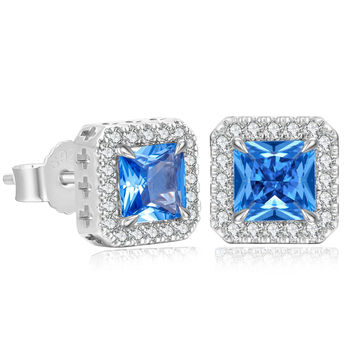 REBEL Blue CZ Stud Earring Simulated Sapphire Hip Hop Jewelry 14K Gold Plated 925 Sterling Silver Hypoallergenic Iced Out Earring