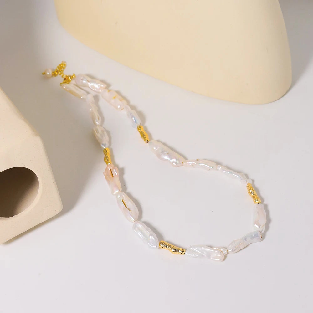 18K Gold Plated Long Pink Pearl Long Necklace Natural Freshwater Baroque Pearl Metal Necklace for Women