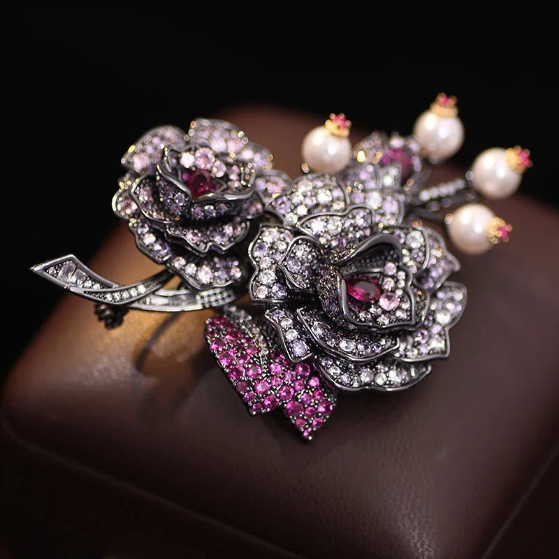 High-end Vintage Camellia Zircon Rhodium Plated Brass Brooch Pin Women Engagement Wedding Party Birthday Gift Fashion