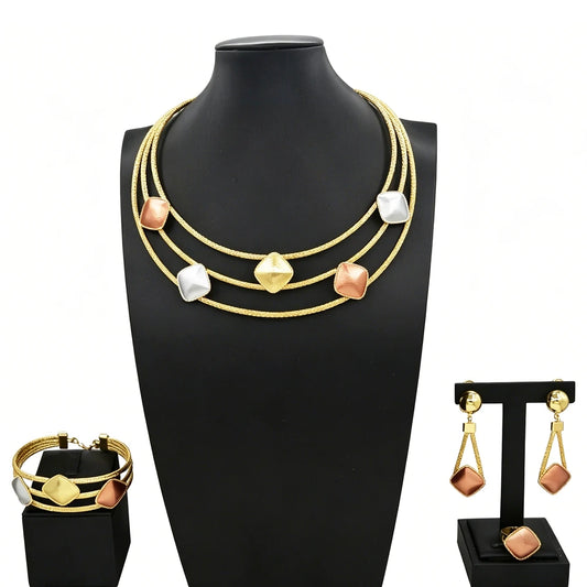 Zhuerrui Three Tone Layered Gold Plated 4Pcs Jewelry Set Necklace Bangle Earrings Ring for Wedding Daily Wear HS26009
