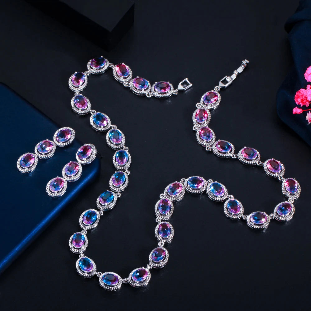 Beautiful Rainbow CZ Mystic Stone Round Drop Women Party Necklace Earrings Fashion Bridal Wedding Jewelry Sets