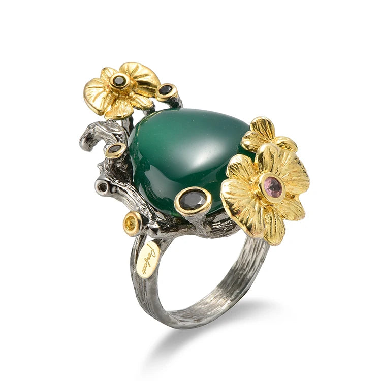 Wholesale Fashion Personality Green Agate Women Luxury  Sterling Silver Jewelry Rings