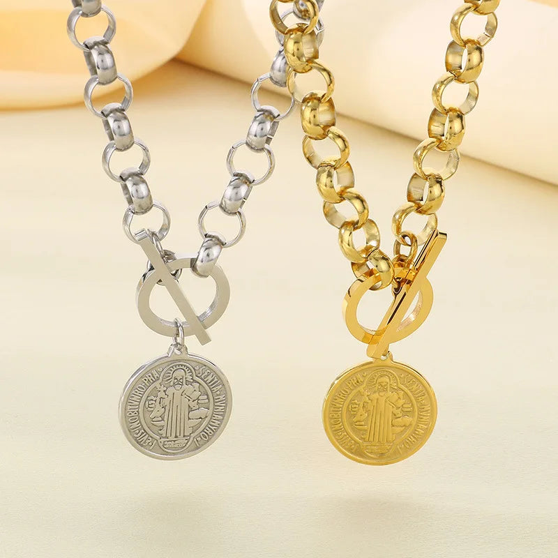 Kalen European and American Portrait Round Pendant Round Bead Chain OT Clasp Hiphop Necklace Stainless Steel Jewelry Set