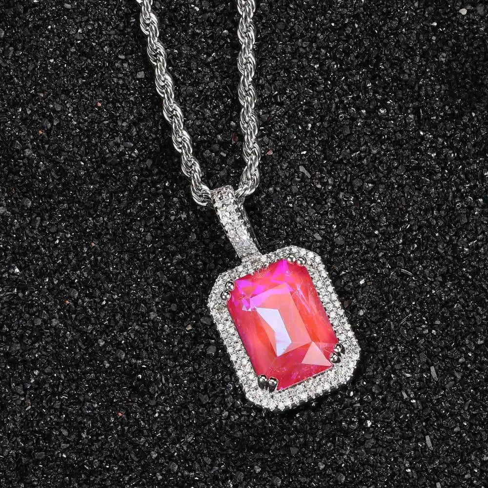 Luxury Bling Cubic Zirconia Jewelry Square Large Gemstone Pendant Necklace  for Men and Women Hip-Hop Sweater Chain Necklace