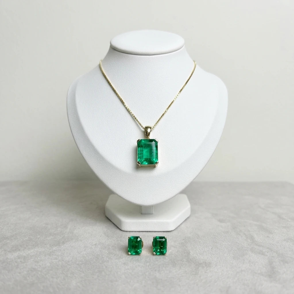ArtistA 14K Yellow Gold Hydrothermal Lab Green Emerald Stone Necklace and Earring Jewelry Set