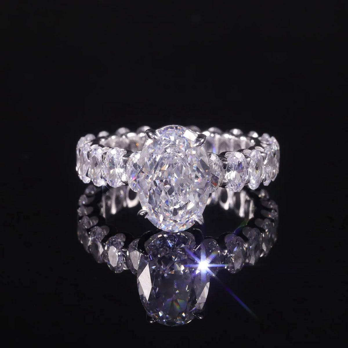 Gemfiori AR499 Abiding Simulated Diamond Iced Cut Oval Cut 9x13MM Cubic Zirconia Cz Hip Hop Full Eternity Ring 925 Sterling Silver Ring