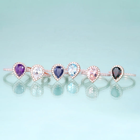 Gemfiori KH076 Abiding Hand Made Pear 5*7MM Natural Stone Jewelry 925 Sterling Silver Gold Plated Amethyst Sky Blue Topaz Halo Ring