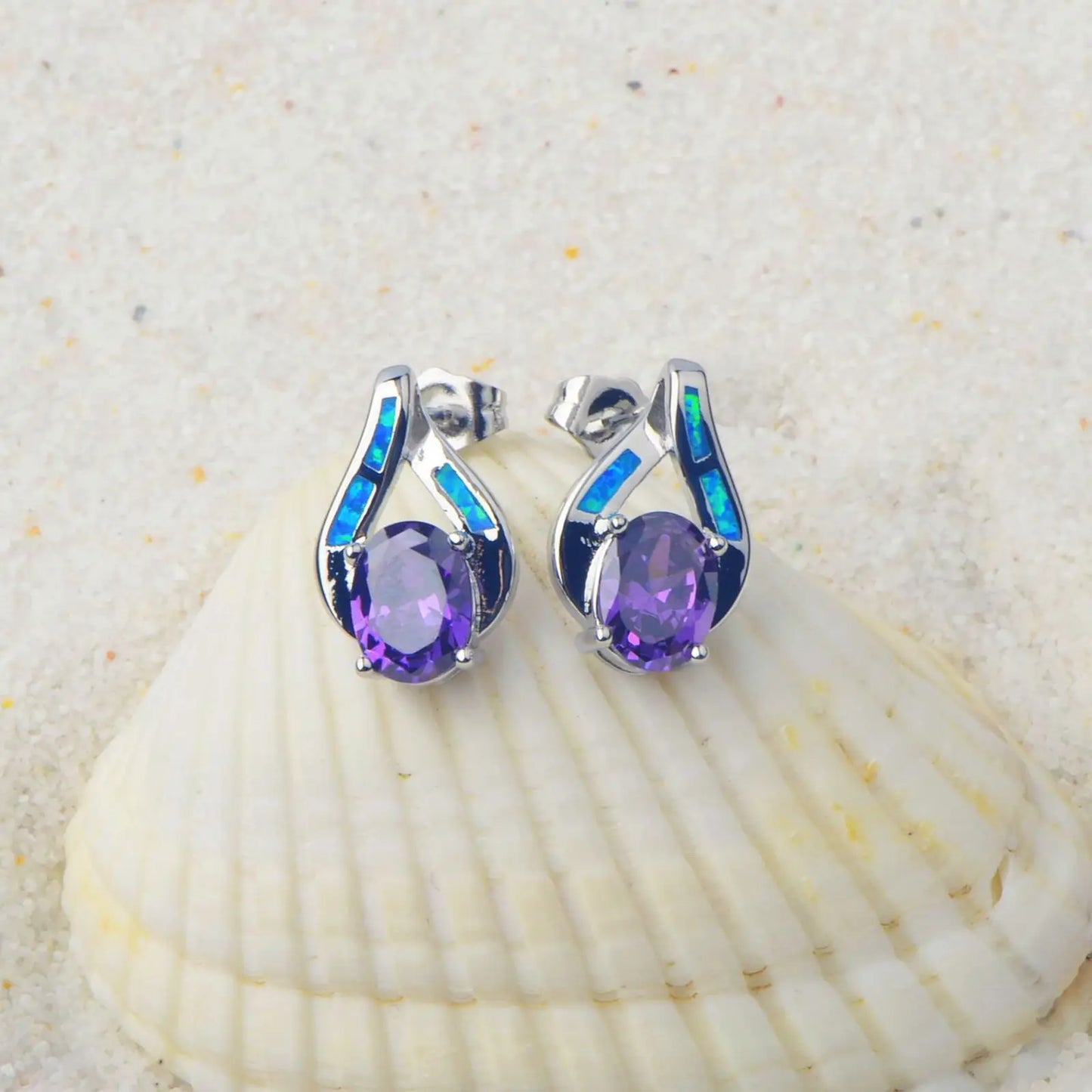 Aobao TikTok Viral Blue Opal Water Drop Earrings | Purple Crystal Accent Silver Plated Women's Engagement Jewelry-Trendy Bulk