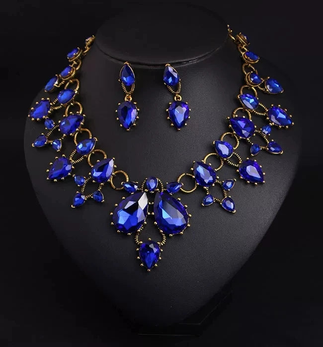 XM S394 Gold Plated Marquise Topaz Sparkling Floral Necklace & Earrings Bridal Set
