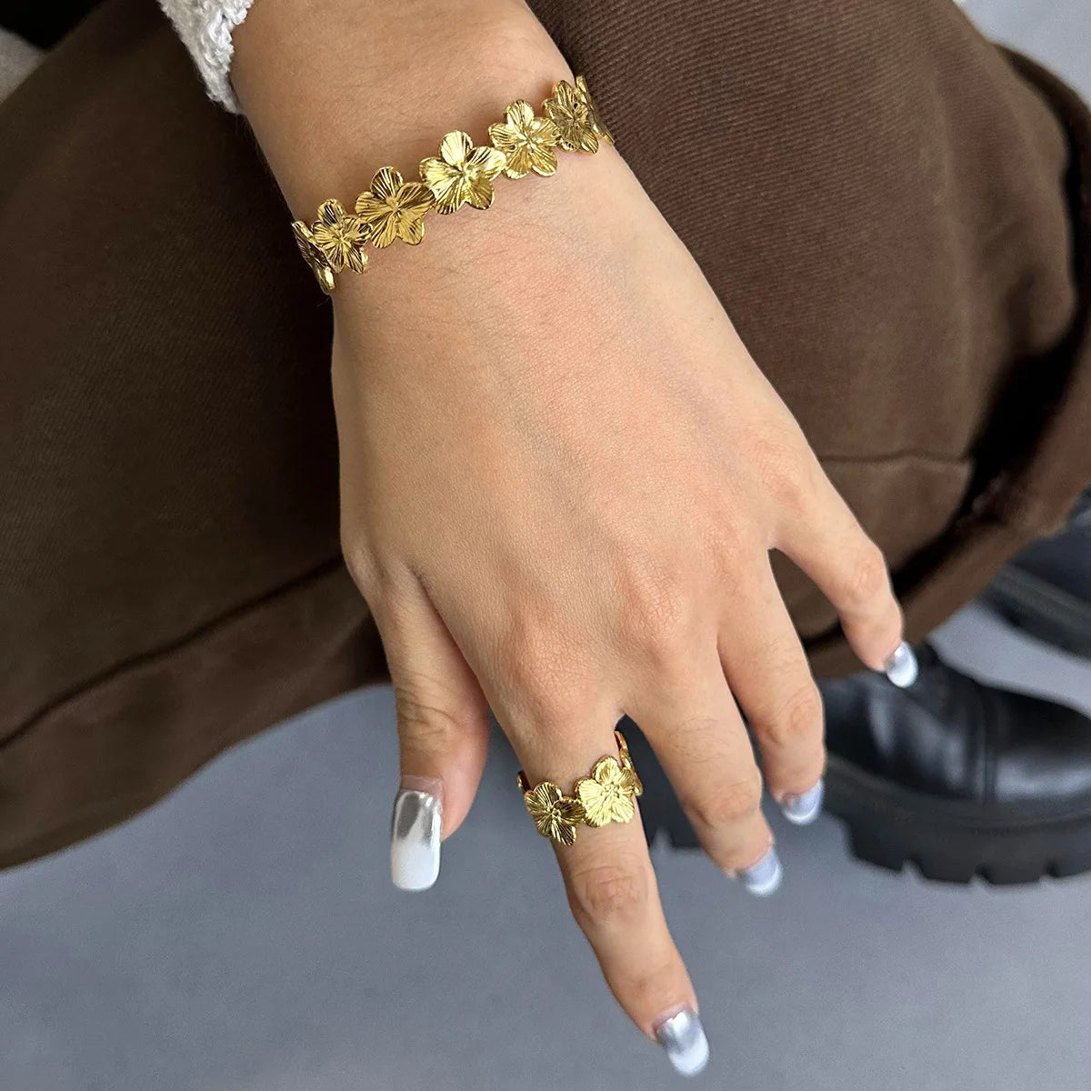S&S 18K PVD Gold Flower Cuff Bracelet & Ring Set | Stainless Steel