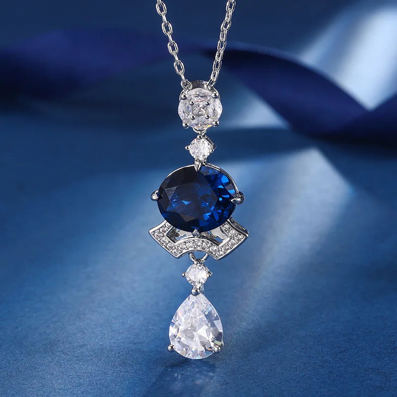 Gemfiori Micro Inlaid Zircon Earrings Long Blue Zircon Round Pendant Elegant Dress Water Droplet Earrings Jewelry Set
