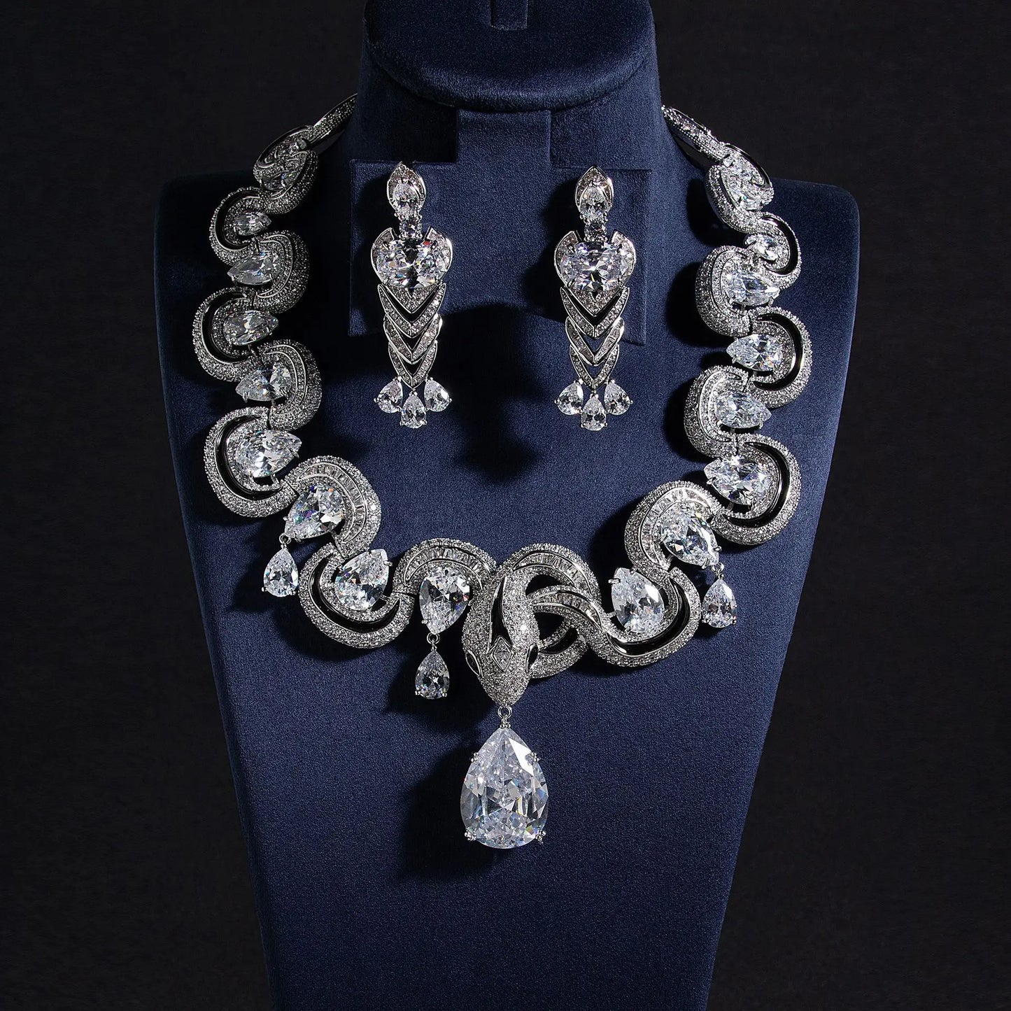 High Quality Luxury Jewelry Sets Elegant Rhodium Plated Ruby Red Cubic Zirconia Necklace Earring Sets for Wedding Party