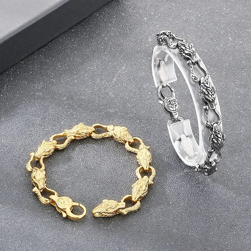 REBEL Fashion Bracelets Men Stainless Steel Punk Wolf Head Links Bracelet Bangle