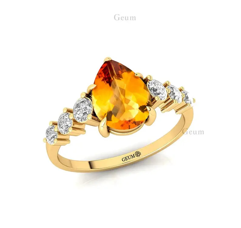 Natural Gemstone Dazzling Pear Cut Citrine 18k Solid Rose Gold Bridesmaid Cluster Rings with Genuine Diamonds at Wholesale Price