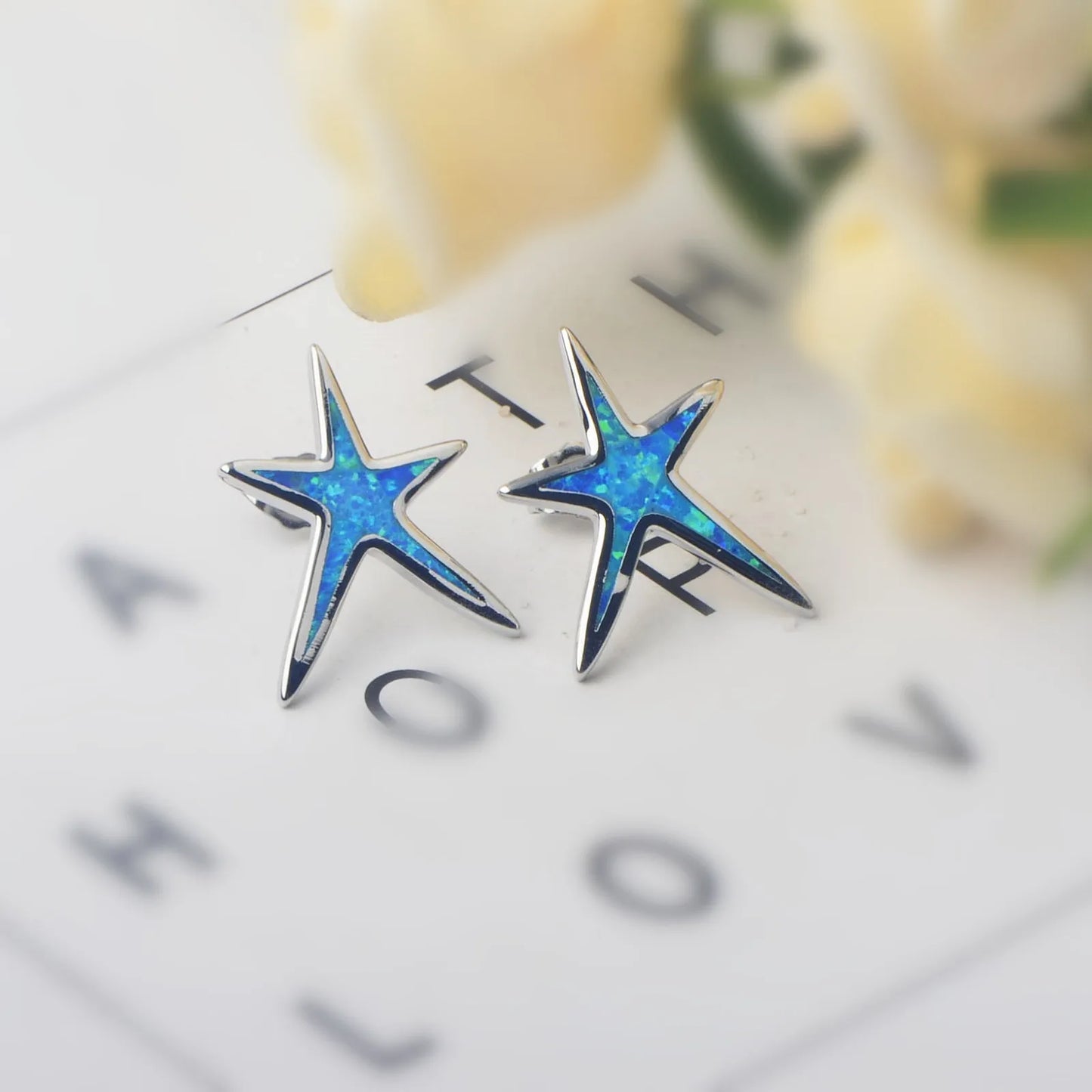 Starfish Stud Earrings - Blue Opal Inlaid Silver Plated Ocean Jewelry for Women Wholesale
