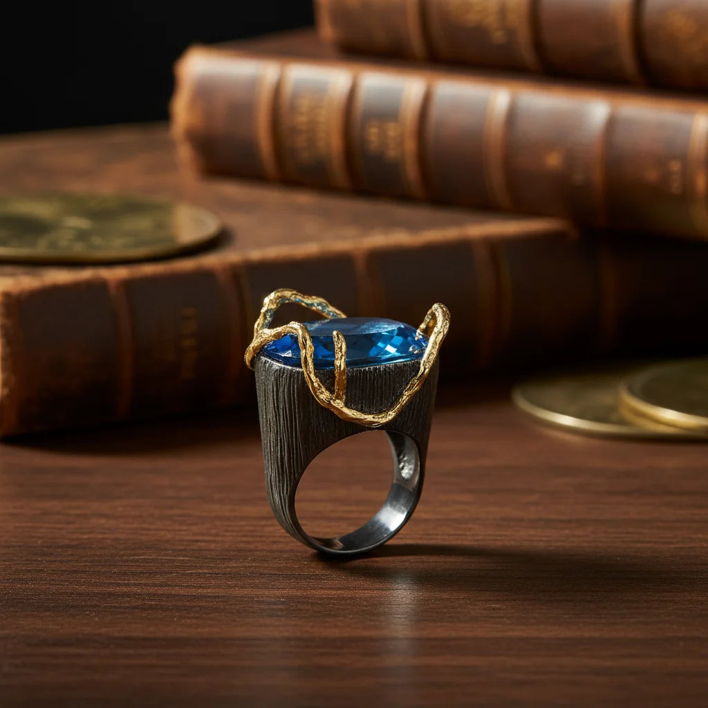 New Arrivals Saudi Arabia Ring Blue Grass 925 Sterling Silver Antique Ring with Gold Plated