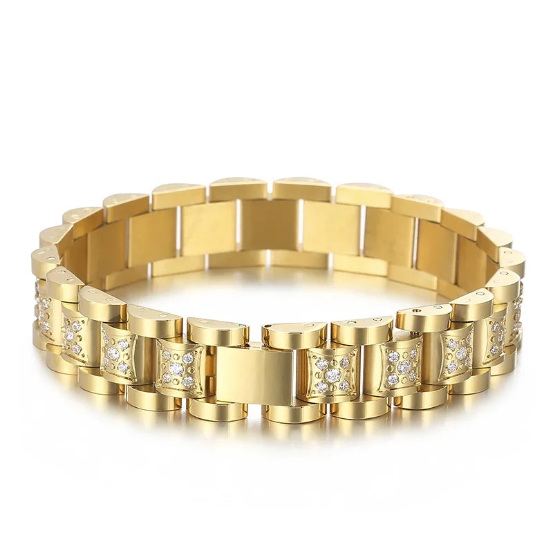 KALEN Men Vintage 210mm Gold/Silver Plated Stainless Steel Rhinestones Watchband Link Bracelets