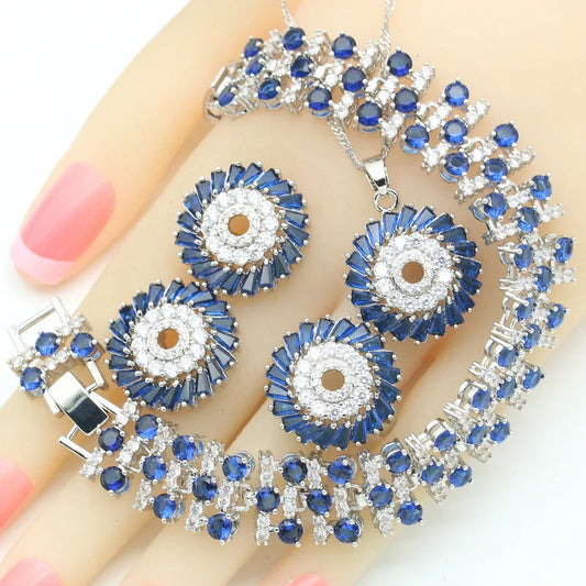 2022 Luxury Silver Jewelry Set for Women Blue Zircon Stones Bracelet Earrings Necklace Pendant Ring for Wedding Birthday Party