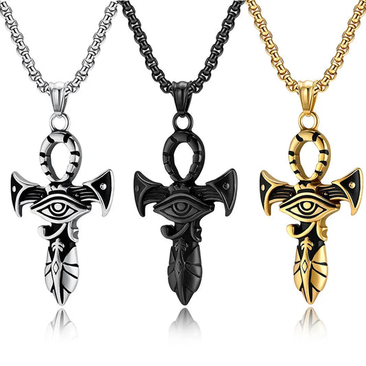 REBEL Gold Plated Vintage Style Eye of Horus Anka Cross Stainless Steel Ancient Sword Necklace for Men Gift Fashion Jewelry