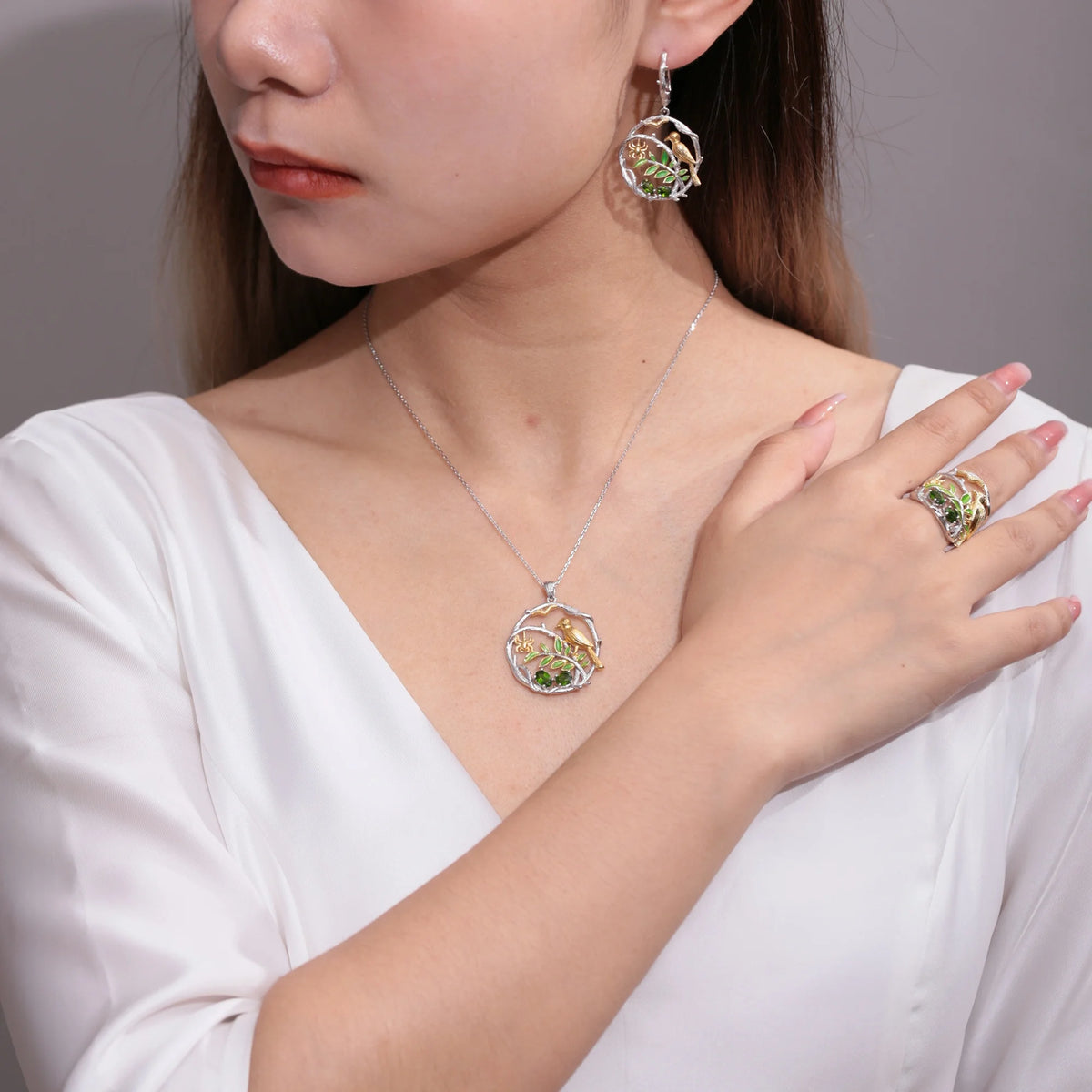 ArtistA C7926 Abiding Green Gemstone Chrome Diopside Gemstone S925 Silver Necklace Earrings Ring Full Set Jewelry