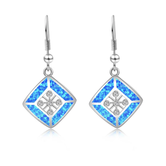 TikTok Ins Western Style Christian Geometric Blue Rhombus Opal Pendant Earrings Silver Plated Bohemian Women's Jewelry