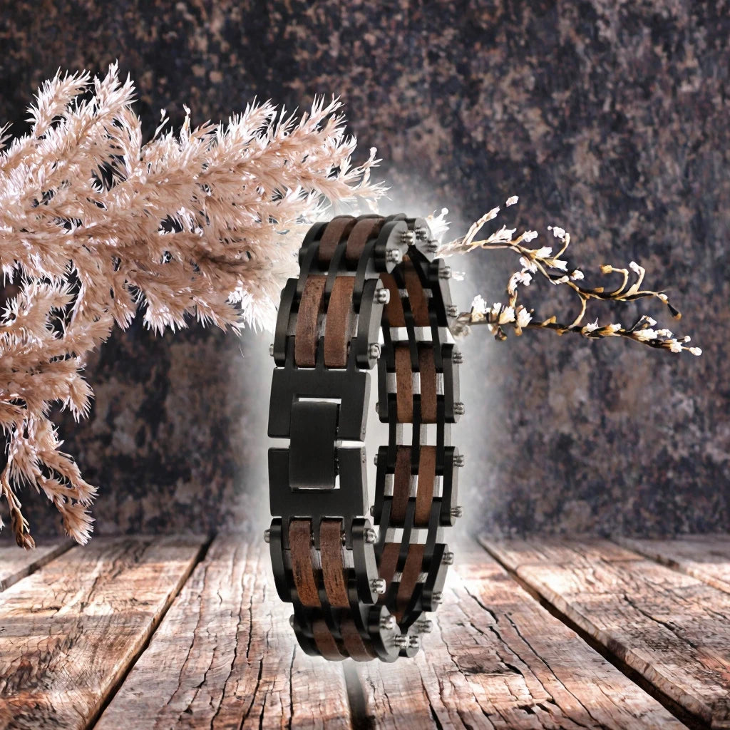 REBEL Natural Wood & Stainless Steel Punk Chain Bracelet