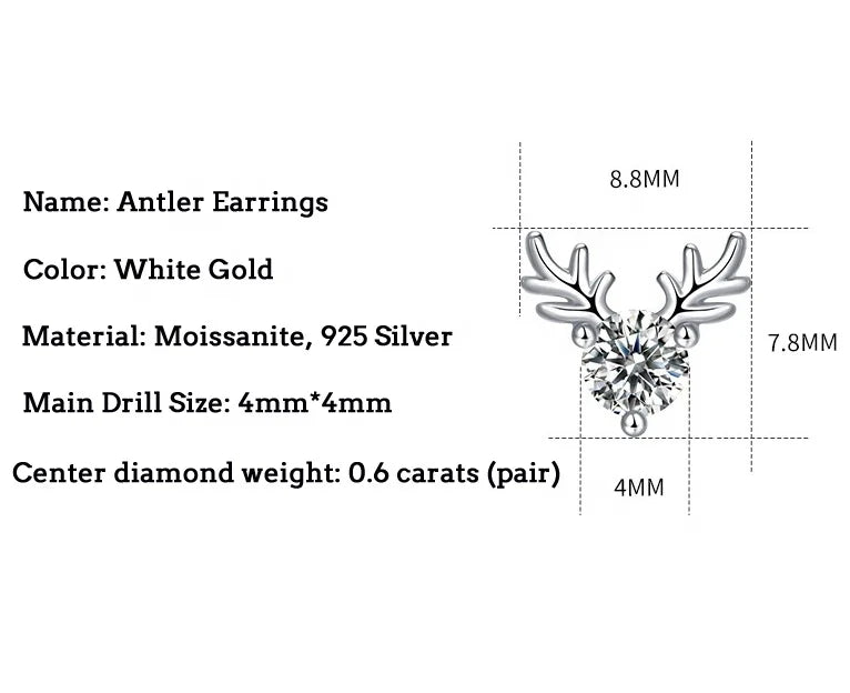 Christmas Parties Gift 925 Sterling Silver Round VVS1 Diamond Moissanite Antler Stud Earrings