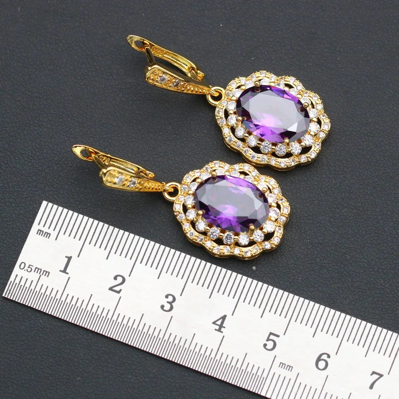 Luxurious Purple Zirconia Gold Color Bridal Jewelry Sets for Women Wedding Earrings Pendant Ring Bracelet Chain Christmas Party