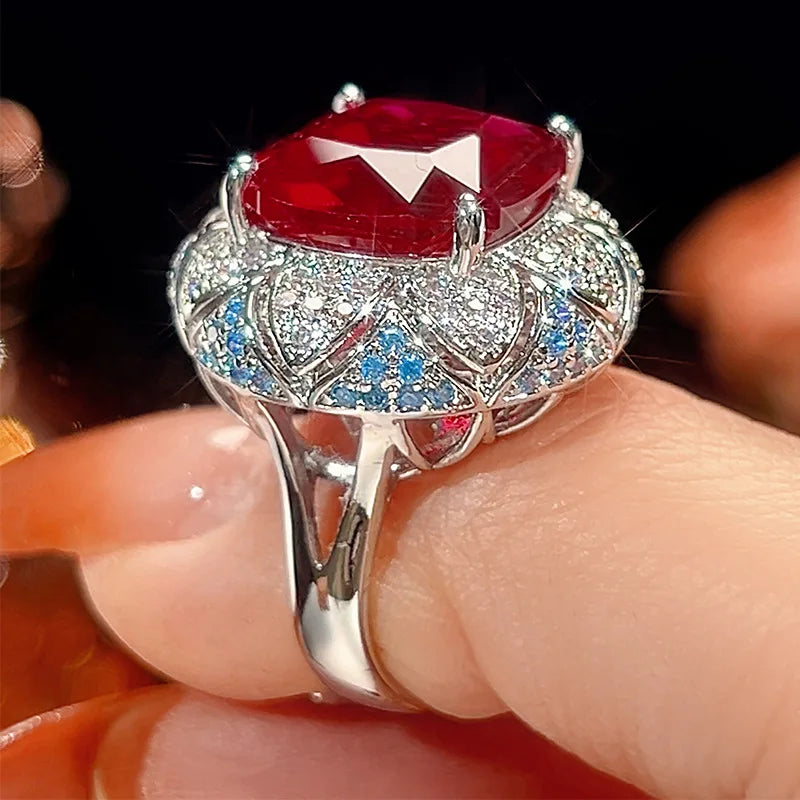 REDheart Women's Classical Grain Copper Inlaid Zircon Gold-Plated Flower Shape Opening Ring Simulation Blue Spinel Retro Set