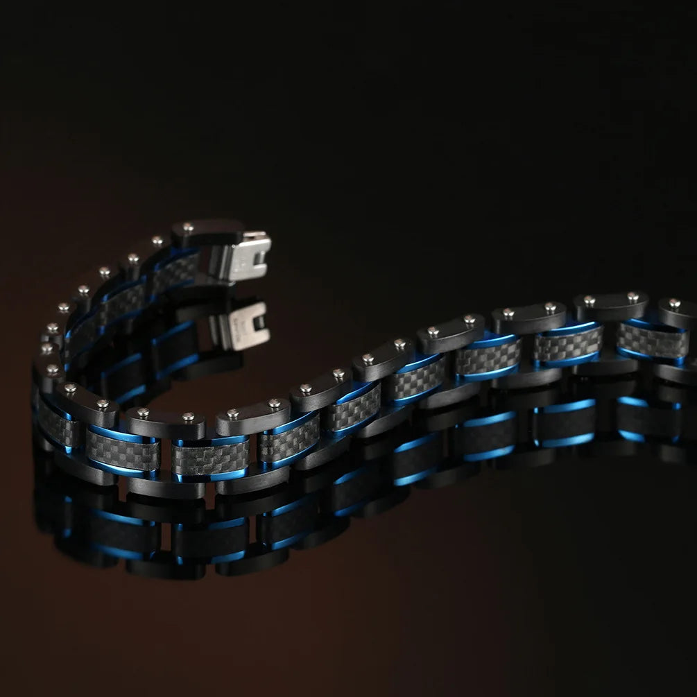 REBEL Men's Trendy Carbon Fiber & Stainless Steel Chain & Link Geometric Bracelet Black/Blue Zinc Plated Party Jewelry Model AS-SL-003