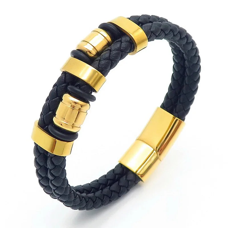 KALEN 210mm Men Vintage Multiple Style Stainless Steel&Cowhide Leather Bracelets