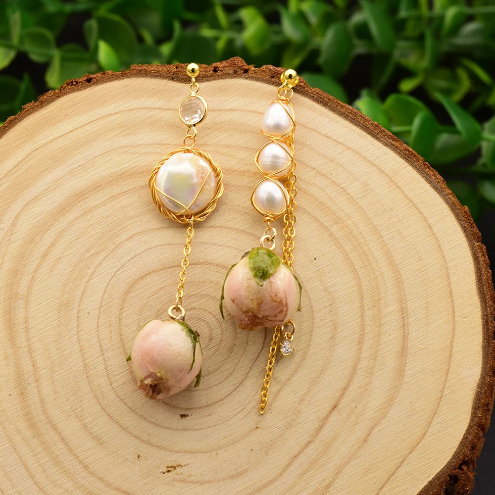GLSEEVO Natural Fresh Water Pearl Handmade Really Flower Drop Earrings For Women Asymmetrical Earrings Custom Jewellery GE0492