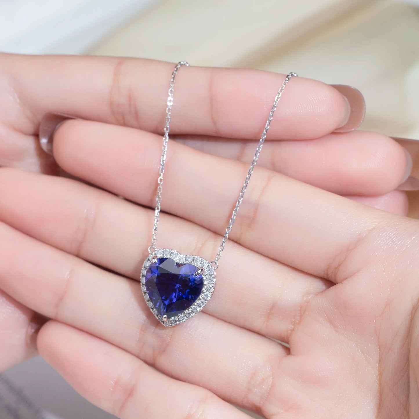 Messi Jewelry MSN-687  Royal Blue Heart 12mm*12mm  Gemstone Necklace Pendant 18K White Gold