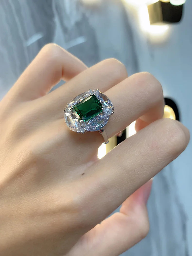 MuShan Jewelry Factory 8 * 10 Emerald S925 Pure Silver High Carbon Diamond Ring Women Hot Selling Platinum Large Diamond Ring