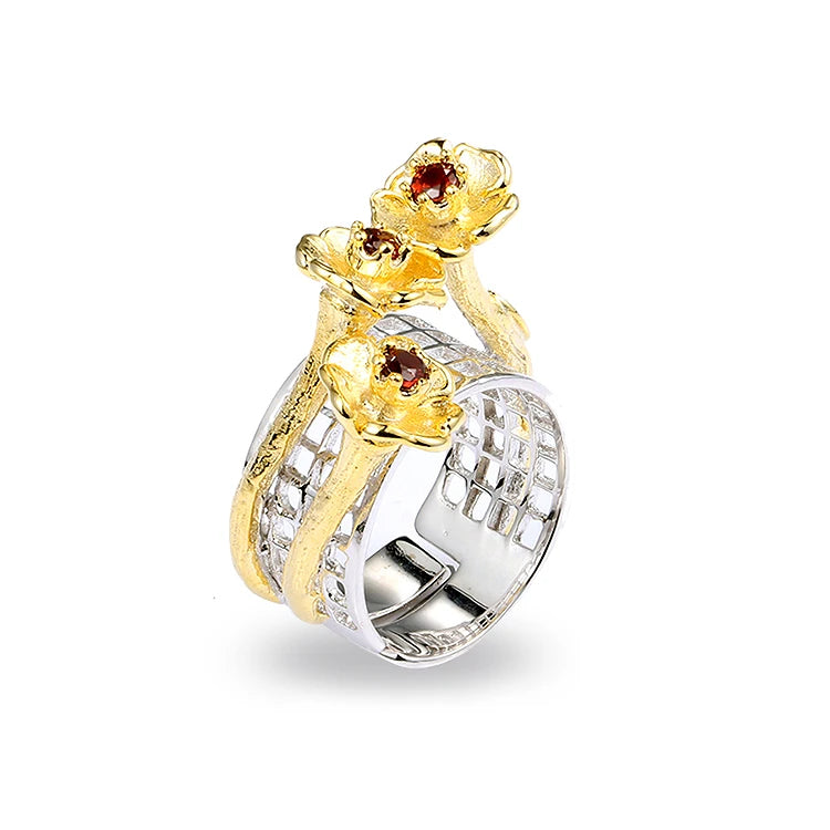 Adjustable Women Jewelry Flower 925 Sterling Silver Ring with 14K Gold Plated