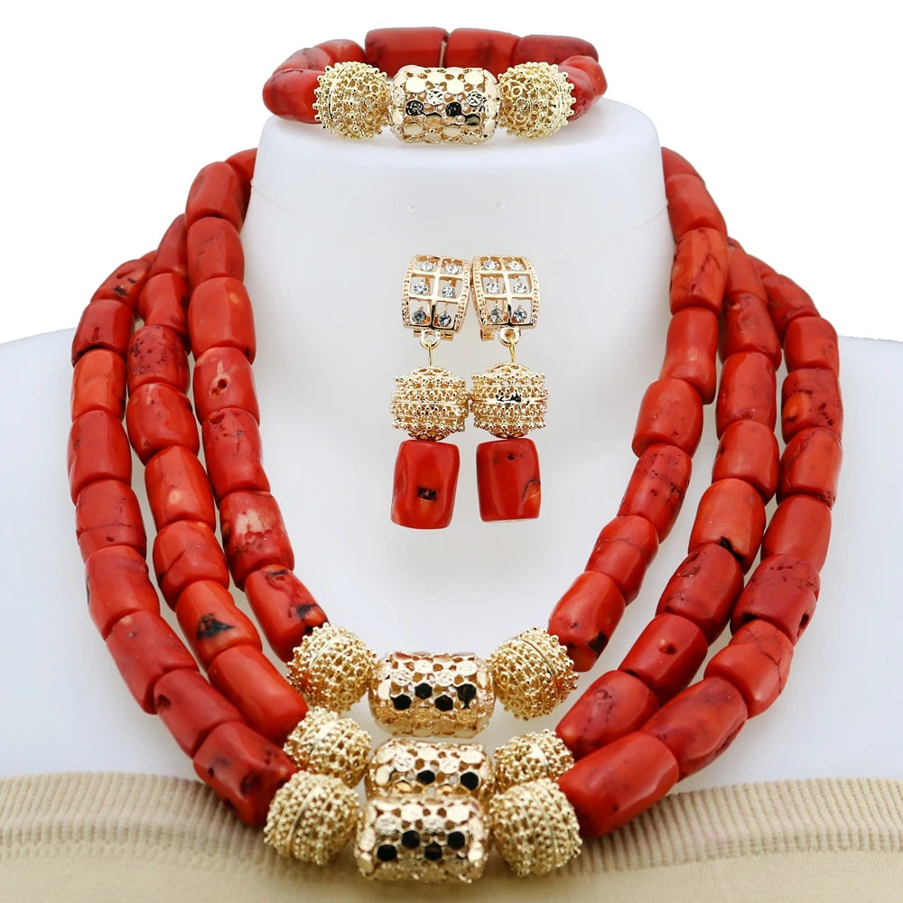 Zhuerrui Handcrafted Red Coral Bead Jewelry Set Gold-plated Nigerian-style Wedding Set Suitable for Cultural celebrations YL3118