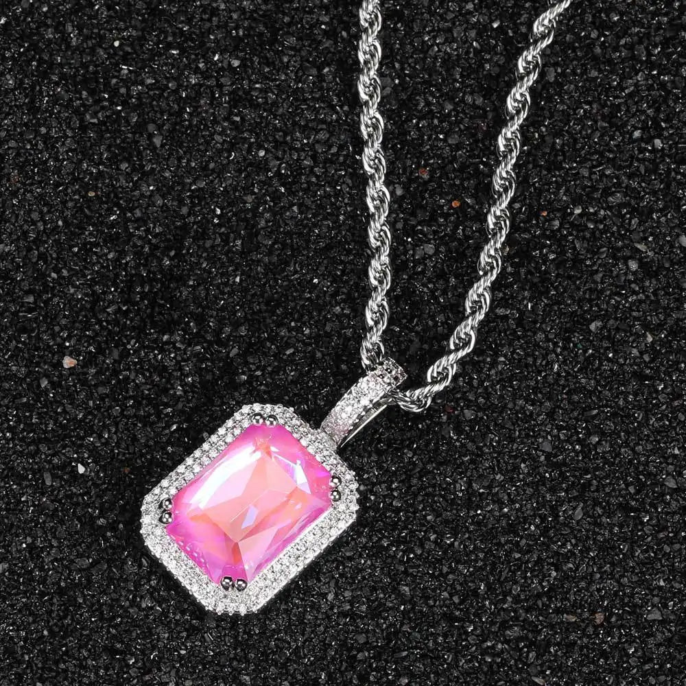 Luxury Bling Cubic Zirconia Jewelry Square Large Gemstone Pendant Necklace  for Men and Women Hip-Hop Sweater Chain Necklace