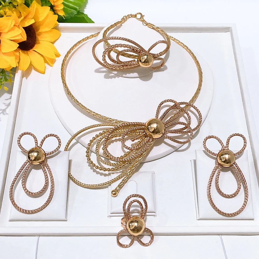 Zhuerrui African Italian Gold Plated Jewelry Set Bold Ribbed Twisted Geometric Choker for Women Wedding Banquet X00132