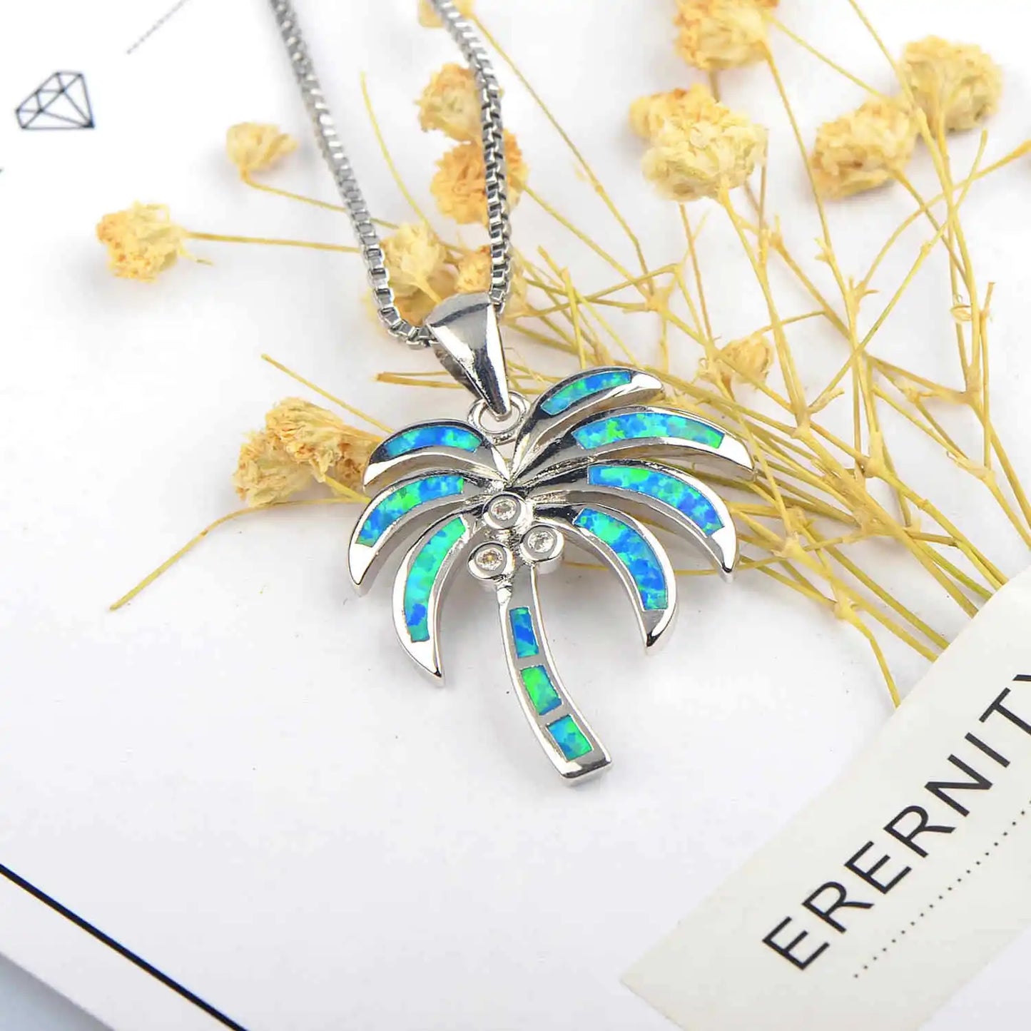 Aobao Christian Copper Opal Plant Palm Tree Collar Lariat Necklace Women's Hawaiian Style Silver Plated Blue Coconut Tree
