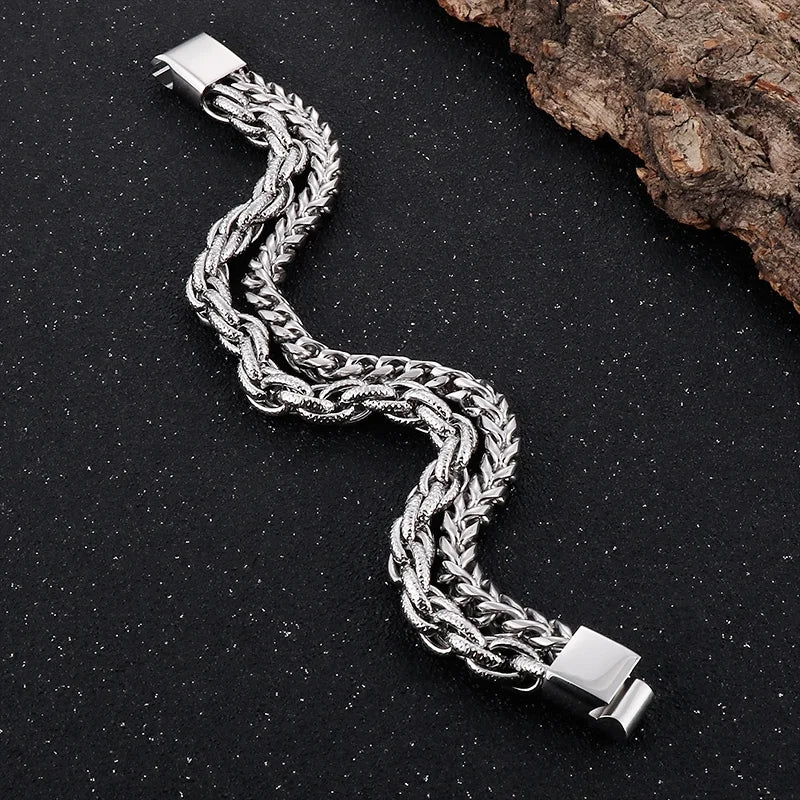 VIKING Mens Vintage Double Chain Stainless Steel Bracelet – Silver