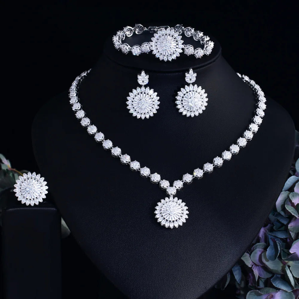 Luxury Round-Cut Zirconia 4-Piece Pendant Necklace, Earrings, Bracelet & Ring Bridal Set — Rhodium Plated
